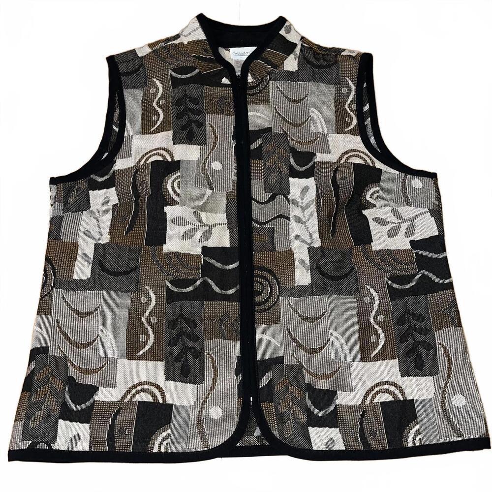 Coldwater Creek Sleeveless Patchwork Vest Large Black Brown Zip Grandma Utility